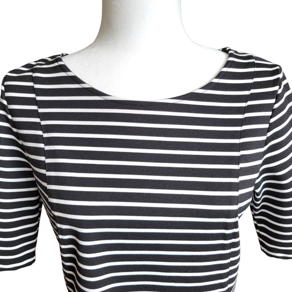 Anne Klein Black & White Stripeed Blouse Fitted Exposed Zip Elbow Sleeve Size LP - Picture 6 of 14